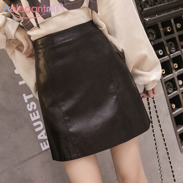 aelegantmis summer fashion elegant women pu leather casual high waist mini skirt ladies a-line short skirts black yellow y200326