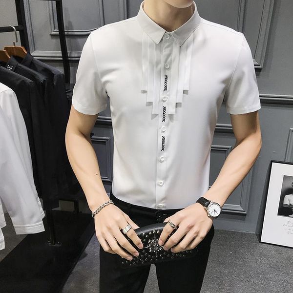 short sleeve dress shirt men pleated tassel front black white tuxedo shirts 2020 summer slim fit night club casual shirt male, White;black
short sleeve dress shirt men pleated tassel front black white tuxedo shirts 2020 summer slim fit night club casual shirt male, White;black