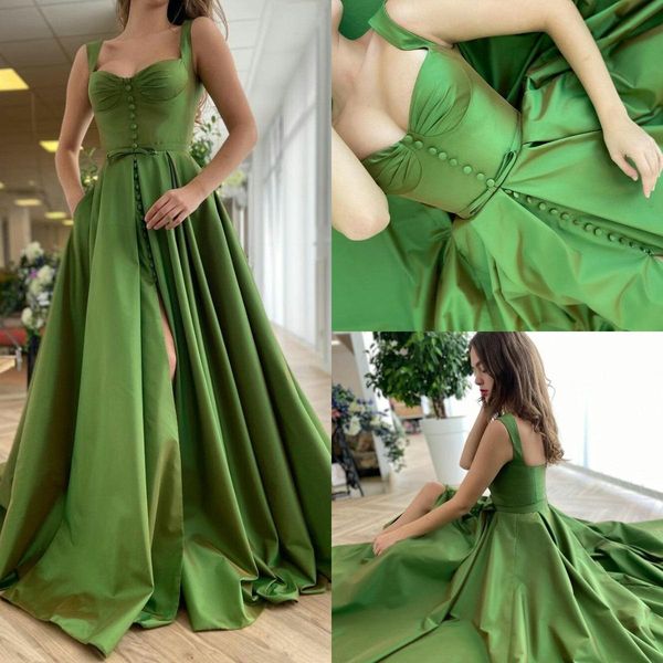 2021 green prom dresses straps satin buttons front slit satin vintage straps custom made evening gown formal occasion wear vestidos, Black
2021 green prom dresses straps satin buttons front slit satin vintage straps custom made evening gown formal occasion wear vestidos, Black