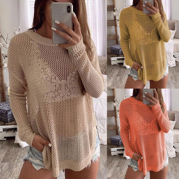 long sleeves hollow out knitting sweater womens autumn solid color see through outwear pullover sweater streetwear, White;black
long sleeves hollow out knitting sweater womens autumn solid color see through outwear pullover sweater streetwear, White;black