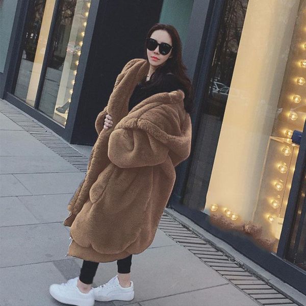 hooded oversized jacket winter fur coat women parka long warm faux fur jacket coats loose winter coat women, Black