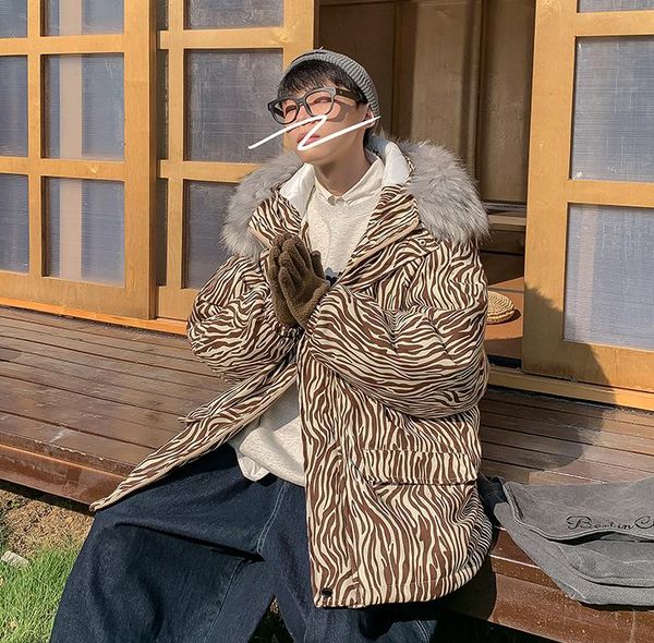 men's down & parkas thick warm zebra pattern coat hooded fur collar loose white khaki outwear m30, Black
men's down & parkas thick warm zebra pattern coat hooded fur collar loose white khaki outwear m30, Black