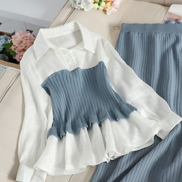 knitted two piece suit womens shirt skirt base sweater suit 2021 slim skirt, Gray 
knitted two piece suit womens shirt skirt base sweater suit 2021 slim skirt, Gray