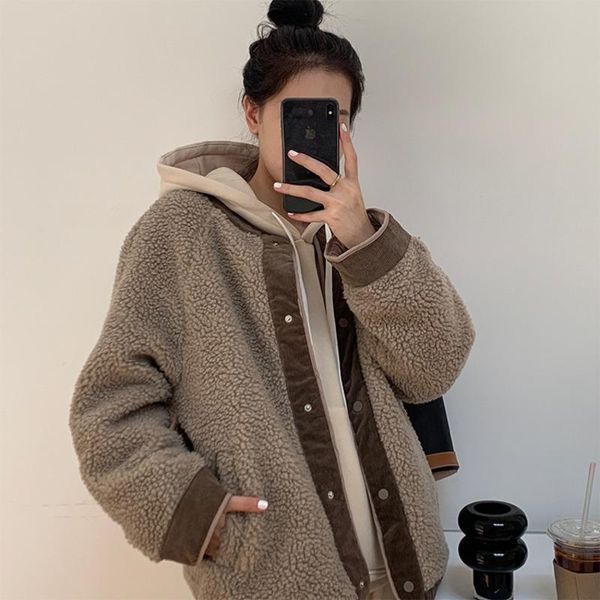 women's fur & faux corduroy contrast splicing lamb wool coat 2021 winter round neck loose warm casual comfortable versatile jacket, Black
women's fur & faux corduroy contrast splicing lamb wool coat 2021 winter round neck loose warm casual comfortable versatile jacket, Black