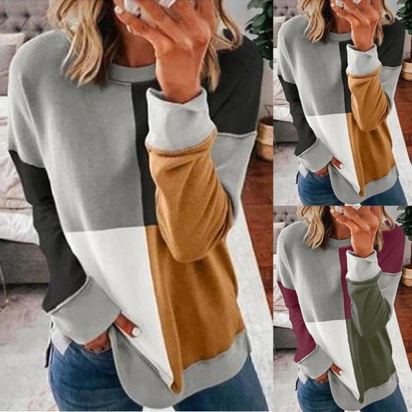 women's checked printed patchwork loose long-sleeved hood top, Black