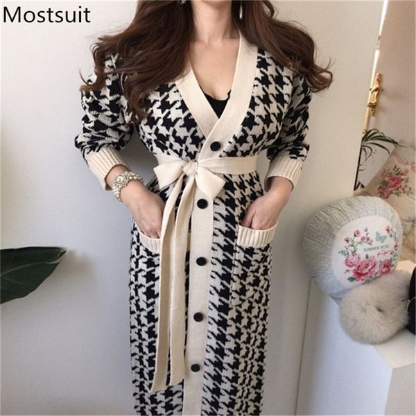 2020 spring houndstooth knitted cardigans sweaters women long sleeve singe-breasted v-neck sashes vintage fashion y200910, White;black
2020 spring houndstooth knitted cardigans sweaters women long sleeve singe-breasted v-neck sashes vintage fashion y200910, White;black