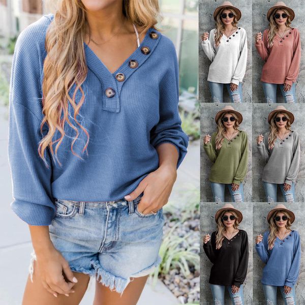 women autumn knitted solid color v-neck long sleeve jumpers buttons pullover loose casual sweatshirt, Black
women autumn knitted solid color v-neck long sleeve jumpers buttons pullover loose casual sweatshirt, Black
