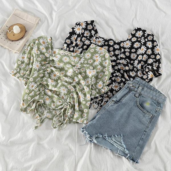 chiffon shirt for women fashion sweet floral print crop square collar short sleeve pleated drawstring blouse, White 
chiffon shirt for women fashion sweet floral print crop square collar short sleeve pleated drawstring blouse, White