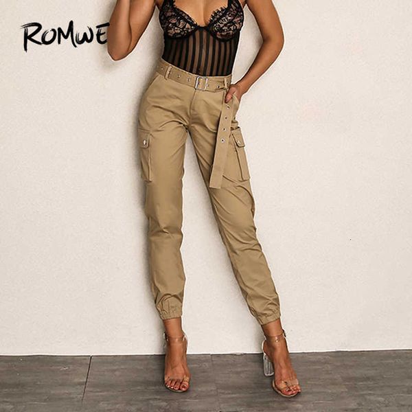 

romwe joyfunear pocket side elastic hem belted pants 2021 khaki spring autumn pants women tapered carrot mid waist trousers y19070101, Black;white