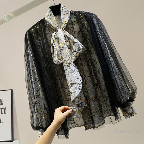 lace-up bow mesh patchwork puff sleeve single-breasted gilding shirt fashion lady loose-fitting female blouse blusas, White
lace-up bow mesh patchwork puff sleeve single-breasted gilding shirt fashion lady loose-fitting female blouse blusas, White