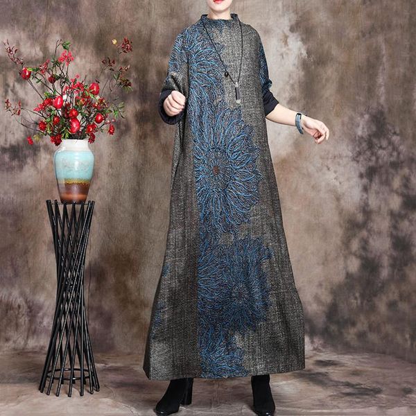 autumn and winter women's retro printing cashmere texture loose large size dress temperament folk-custom, Black;gray
autumn and winter women's retro printing cashmere texture loose large size dress temperament folk-custom, Black;gray