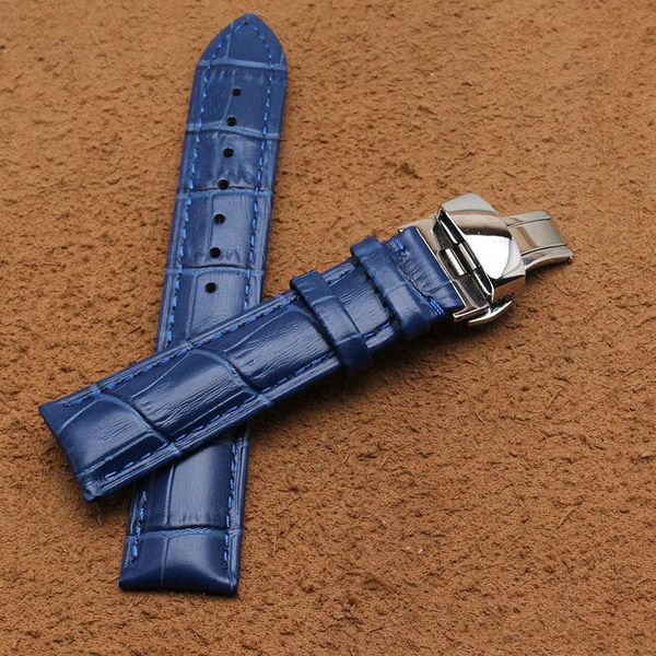 Cowhide Leather Band Watch Strap Silver Stainless Steel Metal Buckle Butterfly Deployment Blue Watchbands For Men 14 16 18mm 20mm 22mm