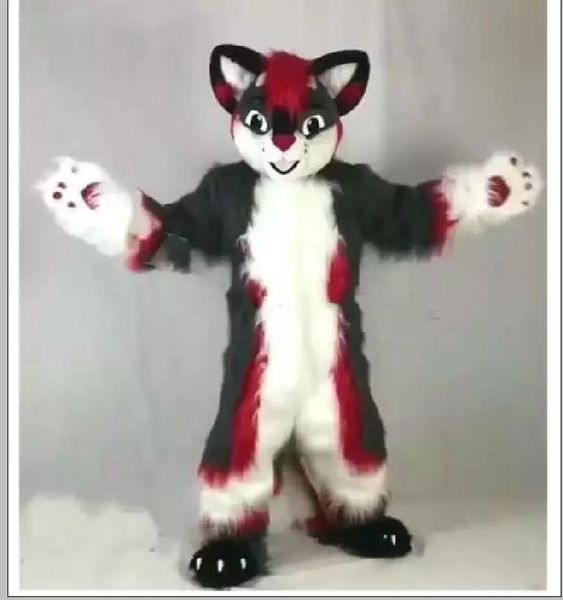 2022 long fur husky dog wolf dog fox fursuit mascot furry costume birthday party fursuit outfit, Red;yellow
