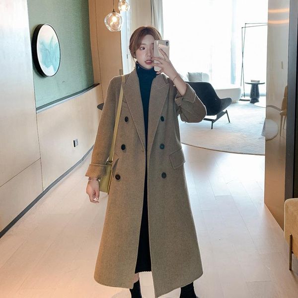 women's wool & blends autumn and winter style fashion temperament double-breasted long over-the-knee woolen coat loose, Black
women's wool & blends autumn and winter style fashion temperament double-breasted long over-the-knee woolen coat loose, Black