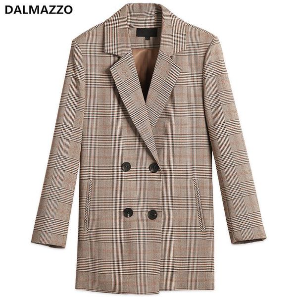 

dalmazzo 2020 autumn vintage plaid long blazer women's double breasted long sleeve suit jacket coat womans casual outwear mujer, Tan;black