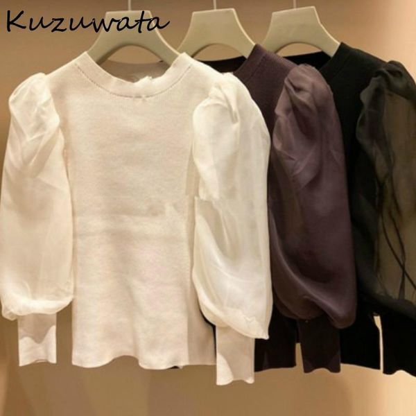 women's sweaters kuzuwata japan style voile puff sleeve pullovers fashion simple knitted patchwork women sweater autumn elegant o-neck, White;black
women's sweaters kuzuwata japan style voile puff sleeve pullovers fashion simple knitted patchwork women sweater autumn elegant o-neck, White;black