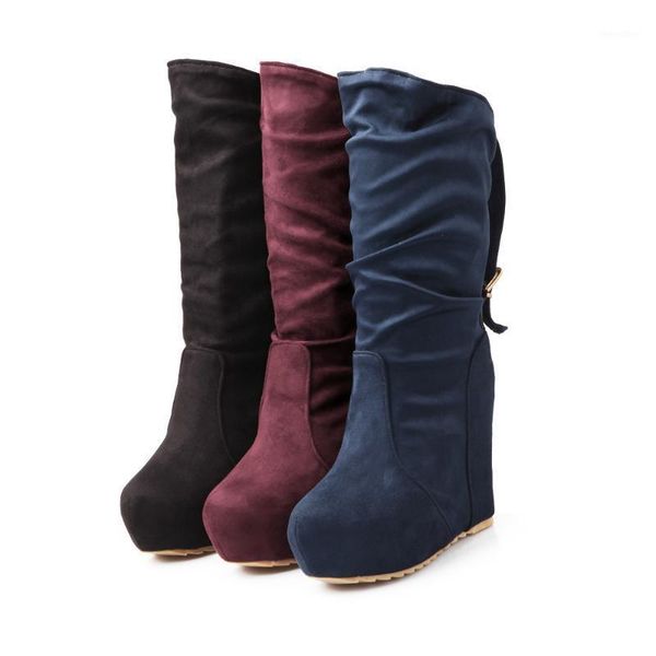 womens round toe faux suede slouch buckle high wedge heels platform pull on mid calf boots1, Black
womens round toe faux suede slouch buckle high wedge heels platform pull on mid calf boots1, Black