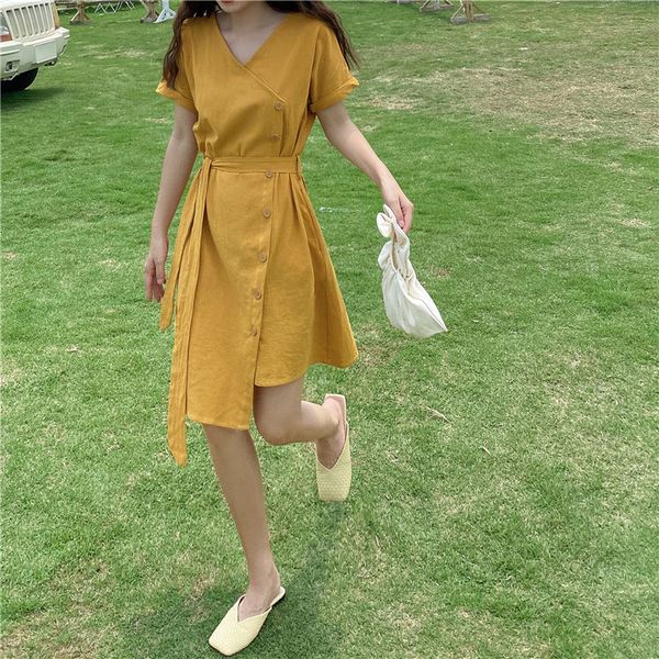 2021 new summer waist button show thin neckline in v irregular foreign design short sleeve and medium length female dress nno7, Black;gray 
2021 new summer waist button show thin neckline in v irregular foreign design short sleeve and medium length female dress nno7, Black;gray