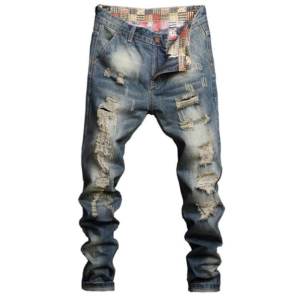men's ripped street hip hop punk stretch bike jeans trendy holes straight denim trousers, Blue
men's ripped street hip hop punk stretch bike jeans trendy holes straight denim trousers, Blue