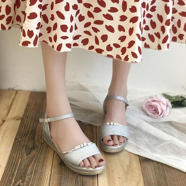 gold silver sequins platform wedge sandals women metal chain thick sole buckle strap sandals women shoes summer party shoes 20201, Black 
gold silver sequins platform wedge sandals women metal chain thick sole buckle strap sandals women shoes summer party shoes 20201, Black