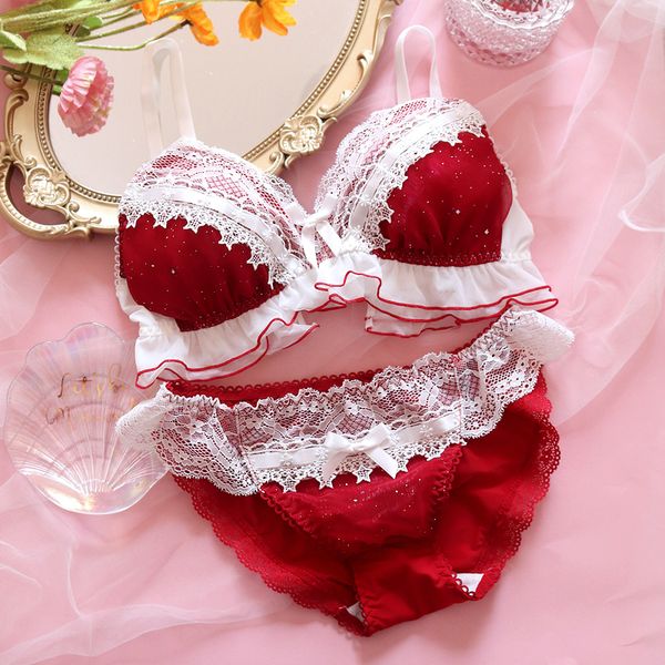 christmas lolita girl red ruffles lace trim no rims bra & brief set japanese women's soft sister cute red underwear set c1211, Black;white
christmas lolita girl red ruffles lace trim no rims bra & brief set japanese women's soft sister cute red underwear set c1211, Black;white