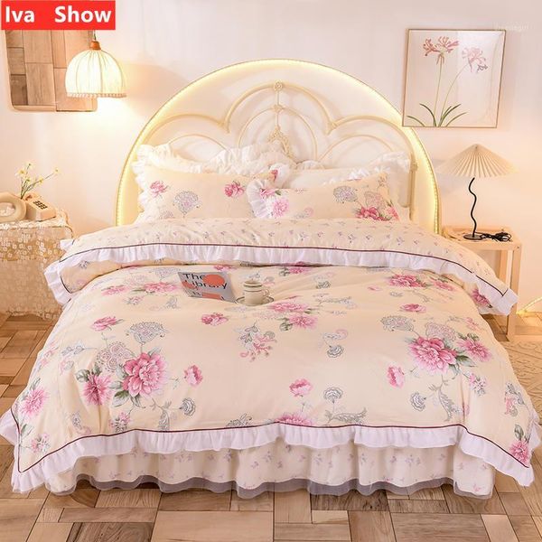 iva show pure cotton light yellow bedding set reactive print lace bed skirt wide edge pillowcase /king size bed four-pieces1
iva show pure cotton light yellow bedding set reactive print lace bed skirt wide edge pillowcase /king size bed four-pieces1