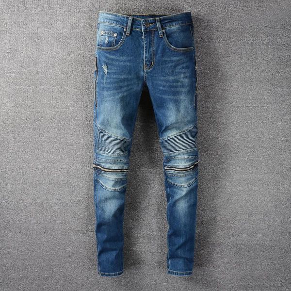fashion streetwear men jeans elastic slim fit retro blue spliced designer denim punk trousers hip hop biker pants 
fashion streetwear men jeans elastic slim fit retro blue spliced designer denim punk trousers hip hop biker pants