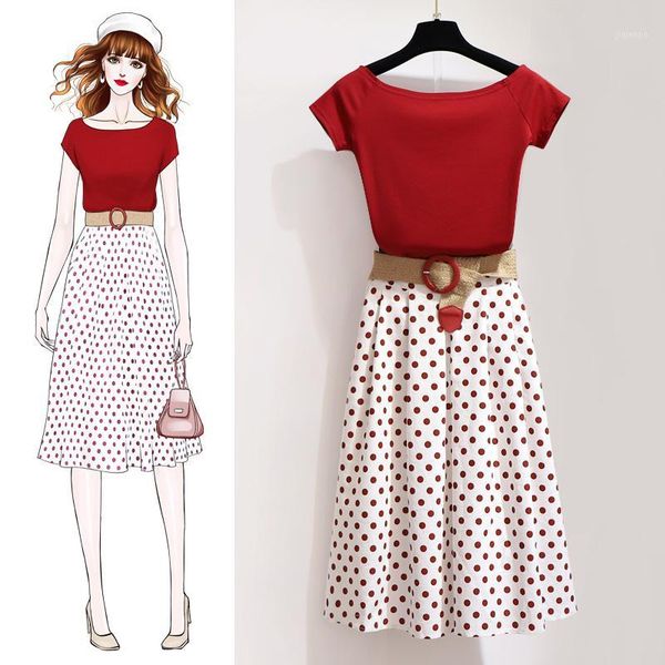 two piece dress summer tshirt sets women off shoulder solid crop +high waist dot print a-line skirt suits with braided belt1, White
two piece dress summer tshirt sets women off shoulder solid crop +high waist dot print a-line skirt suits with braided belt1, White