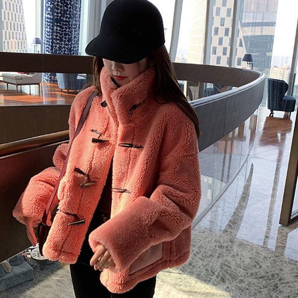 women's fur & faux women winter lamb cashmere jacket outerwear vintage warm standing collar loose horn buckle thickening coat overcoat, Black
women's fur & faux women winter lamb cashmere jacket outerwear vintage warm standing collar loose horn buckle thickening coat overcoat, Black
