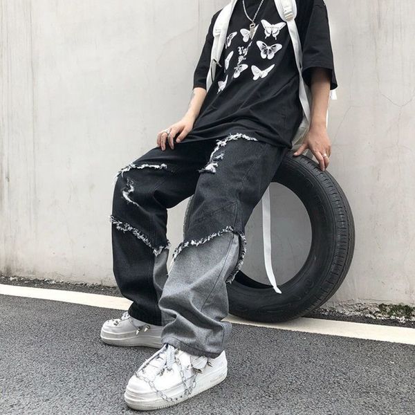 men's contrast tassel harajuku style loose jeans, korean fashion, Blue