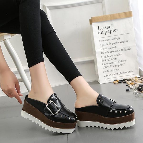 women leather shoes high platform wedges brown slingbacks pumps fashion thick bottom rivets buckle casual shoes woman, Black
women leather shoes high platform wedges brown slingbacks pumps fashion thick bottom rivets buckle casual shoes woman, Black