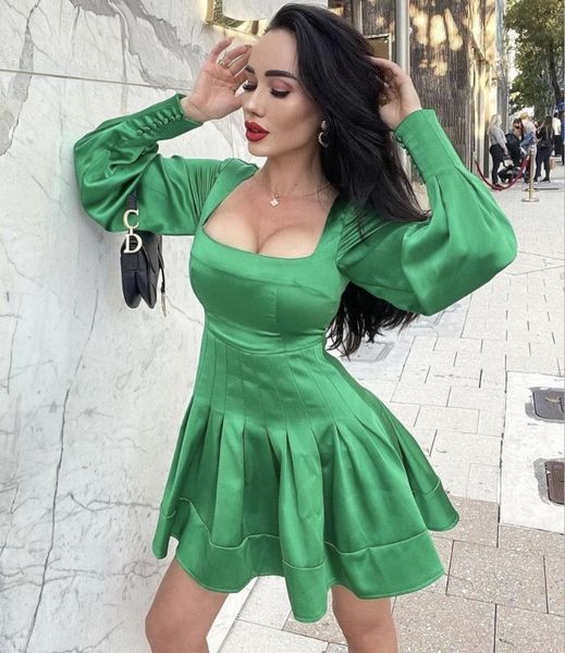 long sleeve green pleated mini women winter dress 2021 designer elegant evening party club dress vestido, Black;gray
long sleeve green pleated mini women winter dress 2021 designer elegant evening party club dress vestido, Black;gray