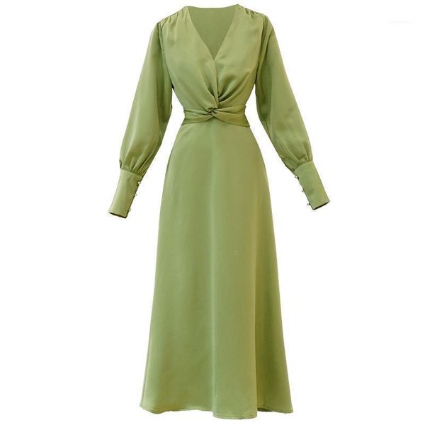 satin french dress women's spring dress 2020 new korea light cross v-neck temperament slim mid long1, Black;gray