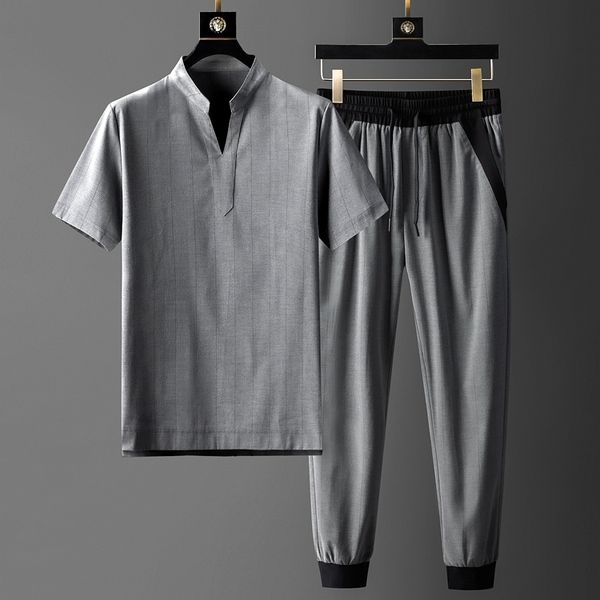 minglu stand collar mens sets (t-shrit+pants) luxury short sleeve stripe thin male set fashion slim fit elastic waist pants lj201117, Gray
minglu stand collar mens sets (t-shrit+pants) luxury short sleeve stripe thin male set fashion slim fit elastic waist pants lj201117, Gray