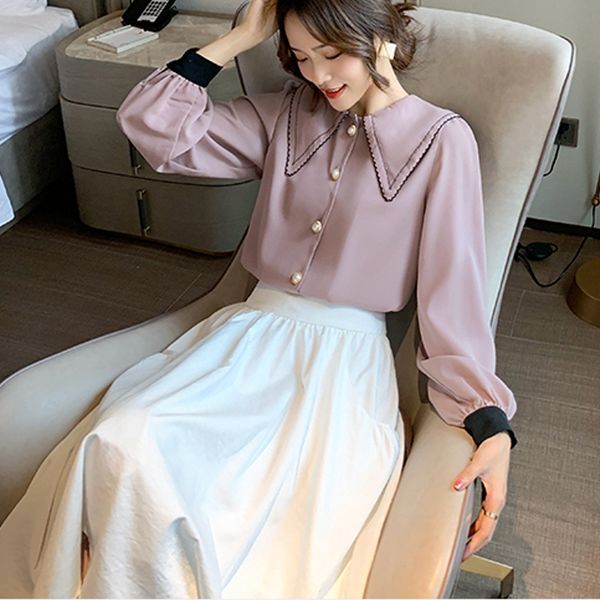 2021 new korean fashion blouse women doll collar single row buckle long sleeves chiffon small crowd design sense autumn new 99xy, White
2021 new korean fashion blouse women doll collar single row buckle long sleeves chiffon small crowd design sense autumn new 99xy, White
