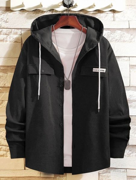 men corduroy letter patched drawstring hooded coat s38s#, Black;brown