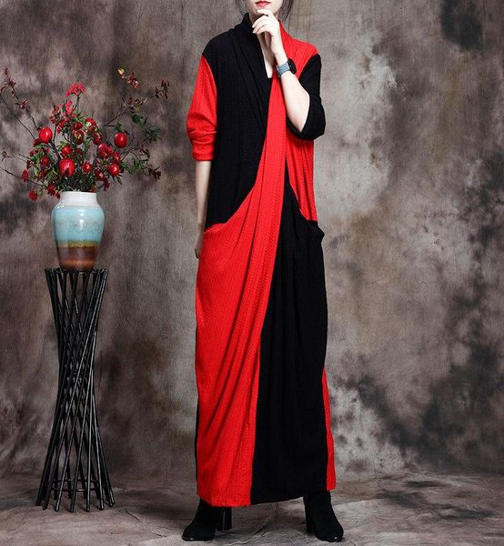 women long sleeve loose elegant maxi dress front cross patchwork warm long dress with pockets a338, Black;gray
women long sleeve loose elegant maxi dress front cross patchwork warm long dress with pockets a338, Black;gray