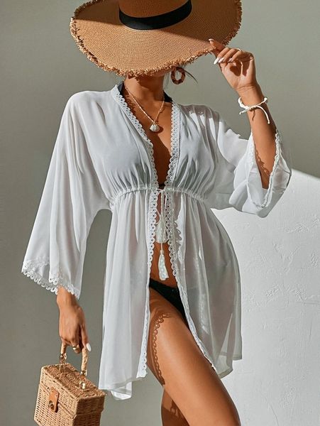 tassel tie front kimono 72bn#, White;black