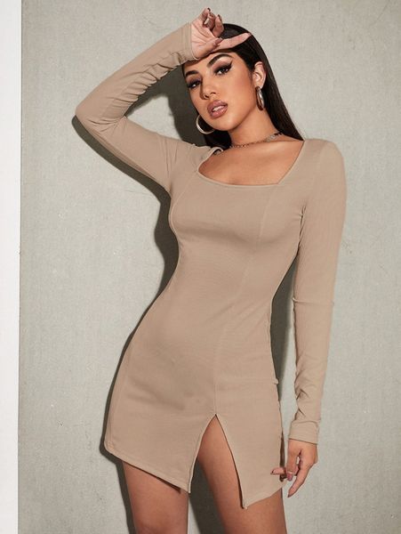 square neck slit hem rib-knit dress y70j#, Black;gray
square neck slit hem rib-knit dress y70j#, Black;gray