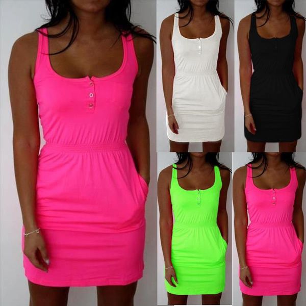 2021 women dress fluorescent color elastic waist lady summer casual sleeveless beach mini dress vestidos s 5xl, Black;gray
2021 women dress fluorescent color elastic waist lady summer casual sleeveless beach mini dress vestidos s 5xl, Black;gray