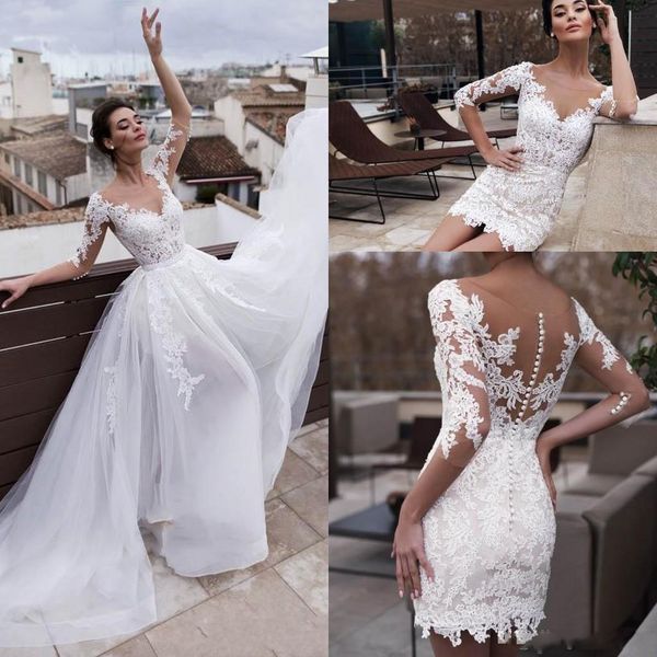 beach boho a line wedding dresses two pieces jewel neck appliques lace half sleeves illusion overskirts detachable train bridal gowns, White
beach boho a line wedding dresses two pieces jewel neck appliques lace half sleeves illusion overskirts detachable train bridal gowns, White
