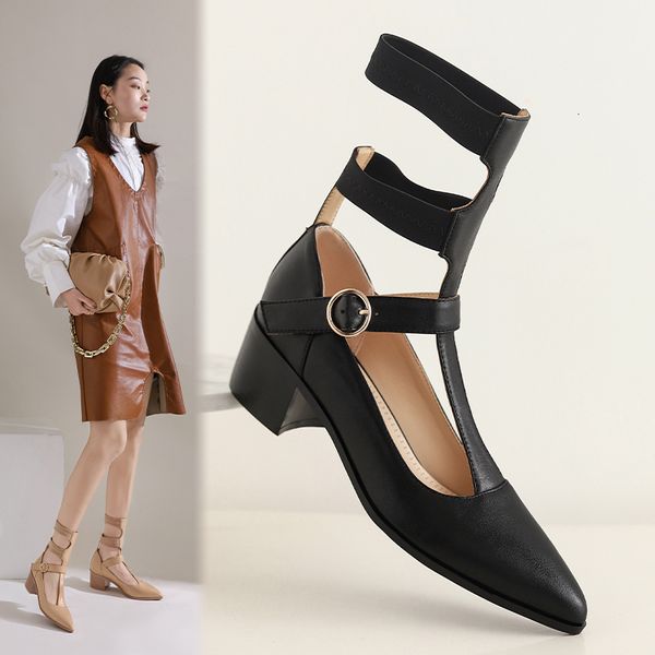 

2021 roman style bombs hollow woman out skinned genuine heels buckled buckle strapped shoes ucb1, Black