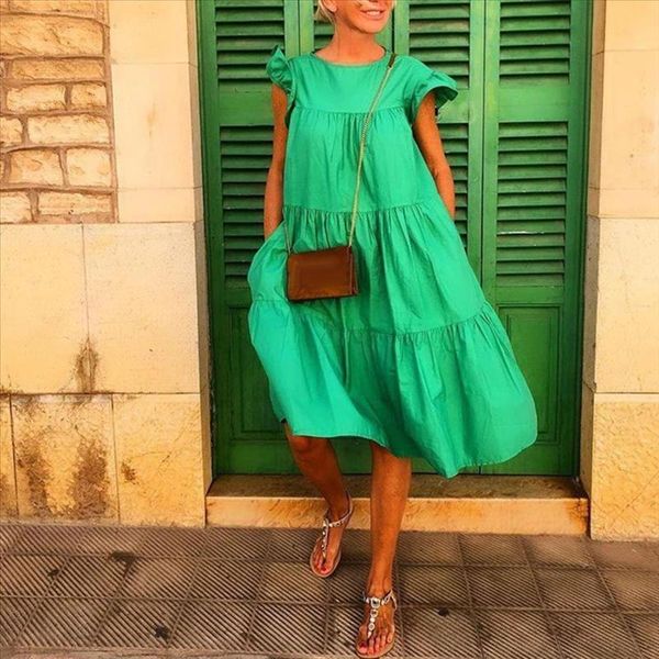 women casual solid color o neck ruffled short sleeve large hem a line midi dress drop shipping, Black;gray
women casual solid color o neck ruffled short sleeve large hem a line midi dress drop shipping, Black;gray