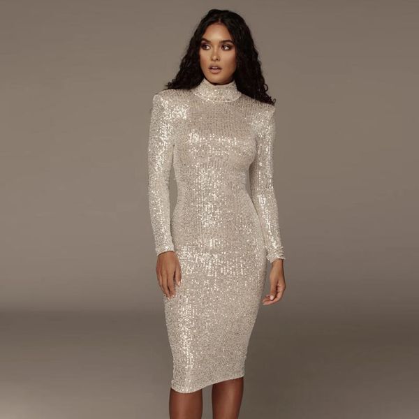 sequined high collar midi dress elegant long sleeve bodycon tight stretch knee length party dresses lj201203, White;black
sequined high collar midi dress elegant long sleeve bodycon tight stretch knee length party dresses lj201203, White;black