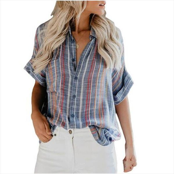 women polo shirt summer short sleeve cardigan button printed striped pocket blouse loose plus size retro fashion blouse, White
women polo shirt summer short sleeve cardigan button printed striped pocket blouse loose plus size retro fashion blouse, White