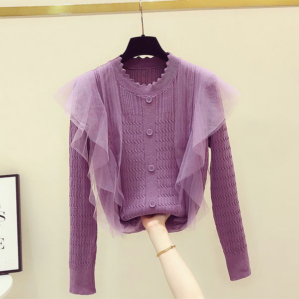 sweet lotus leaf mesh splicing knitwear 2020 autumn winter women's purple sweater slim round neck long sleeve sweaters jacket h1211, White;black
sweet lotus leaf mesh splicing knitwear 2020 autumn winter women's purple sweater slim round neck long sleeve sweaters jacket h1211, White;black