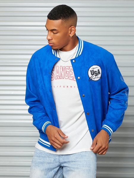 men letter embroidery striped trim drop shoulder suede bomber jacket x8no#, Black;brown
men letter embroidery striped trim drop shoulder suede bomber jacket x8no#, Black;brown
