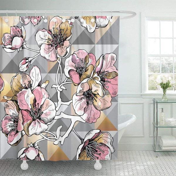 shower curtains beige pink and gold flowers cherry on gray geometric curtain waterproof polyester fabric 72 x 78 inches set with hooks
shower curtains beige pink and gold flowers cherry on gray geometric curtain waterproof polyester fabric 72 x 78 inches set with hooks