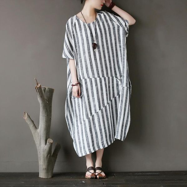 original personality stitching stripe dress sleeve long cotton and linen dress loose oversized linen robe summer, Black;gray
original personality stitching stripe dress sleeve long cotton and linen dress loose oversized linen robe summer, Black;gray