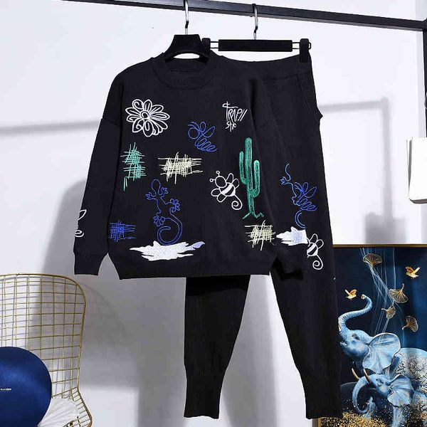 women's two piece pants autumn fashion embroidery flowers knitted tracksuit outfits women loose black long sleeve sweater pencil sports, White
women's two piece pants autumn fashion embroidery flowers knitted tracksuit outfits women loose black long sleeve sweater pencil sports, White